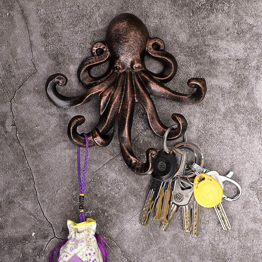 Sumnacon 6 Inch Cast Iron Octopus Decorative Coat Hook - Wall Mounted Nautical Hand Towel Rack Holder with Screws, Rustic Metal Clothing Hanger for Bedroom/Bathroom/Kitchen/Balcony, Red Bronze