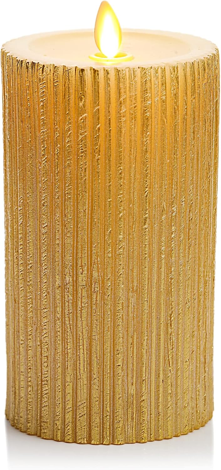 Luminara - Flameless Flickering Real Wax Moving Flame Battery Operated Unscented Candle LED Décor & Gift- Embossed Pillar Collection - Everyday Metallic Furrow, Champagne (3.25" x 6.5")