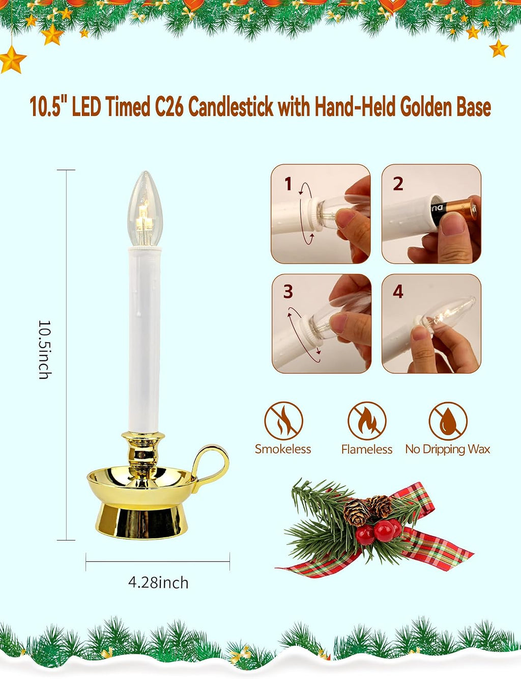 4PK Christmas Window Candle with Timer, 10inch LED Golden Chamberstick