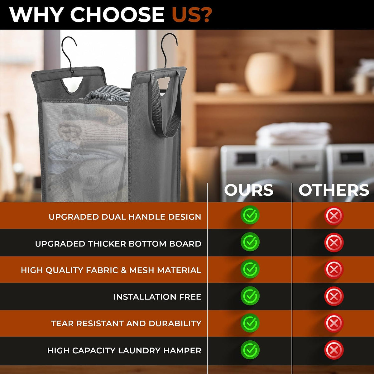 ALCOVA 2 Pack Hanging Laundry Hamper, 59L Over the Door Laundry Bag, Grey