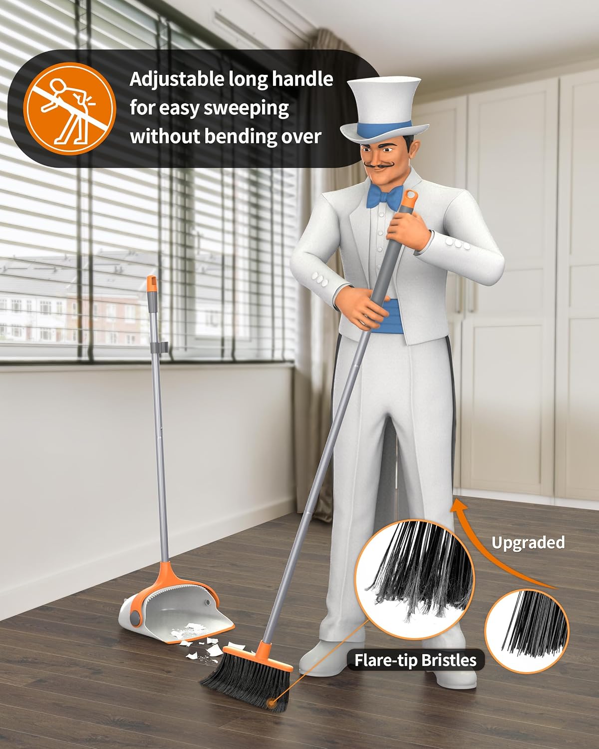 MR.SIGA Broom and Dustpan Set with Adjustable Long Handle, White & Orange