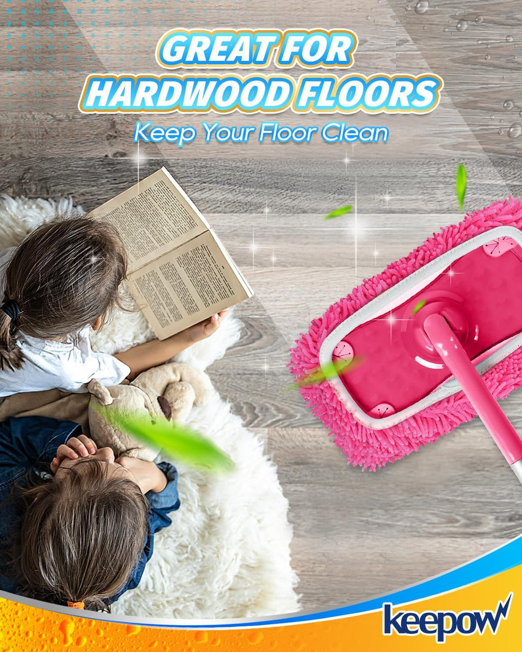 KEEPOW 4Pcs Pink Chenille Reusable Mop Pads Compatible with Swiffer Sweeper