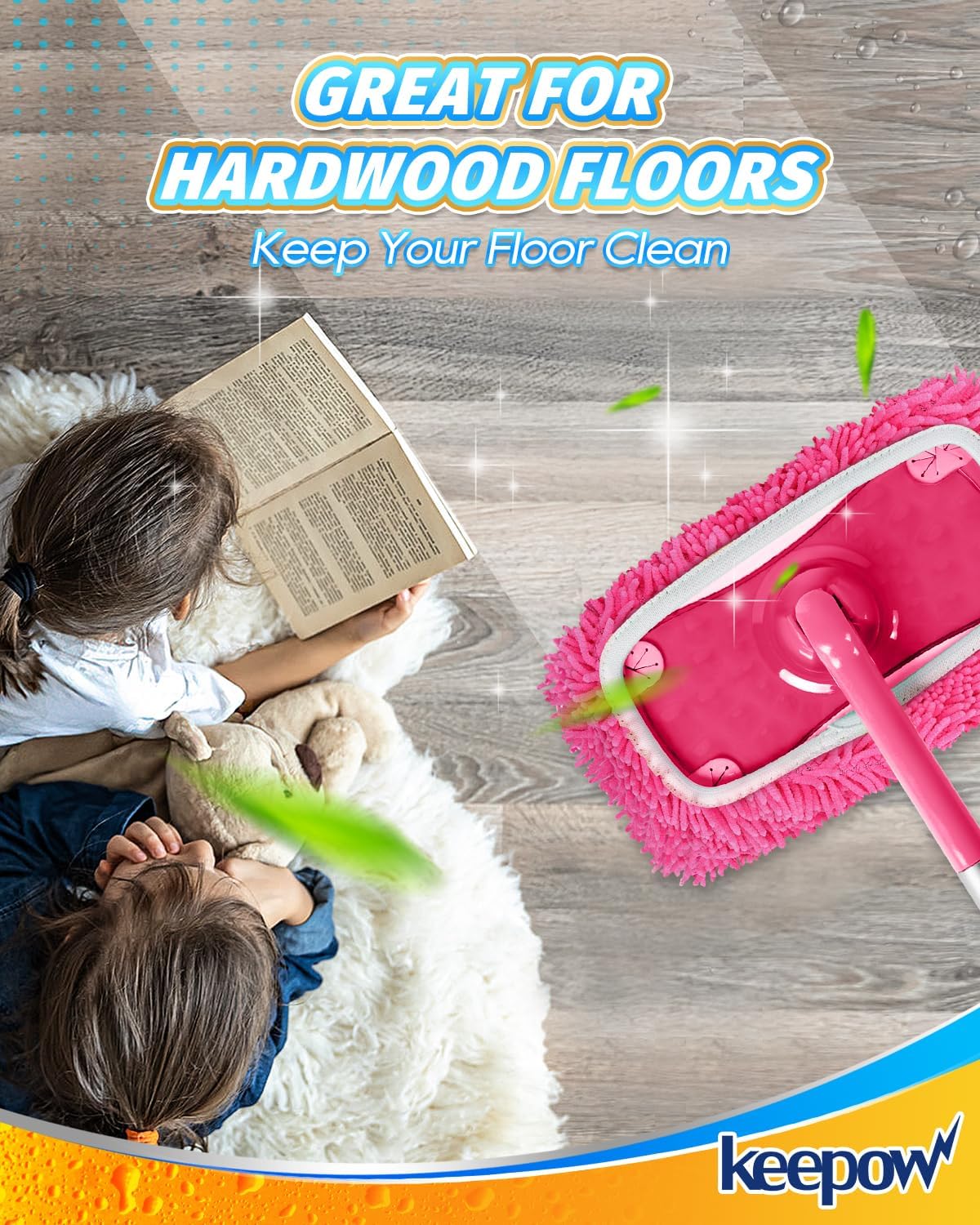 KEEPOW 4Pcs Pink Chenille Reusable Mop Pads Compatible with Swiffer Sweeper