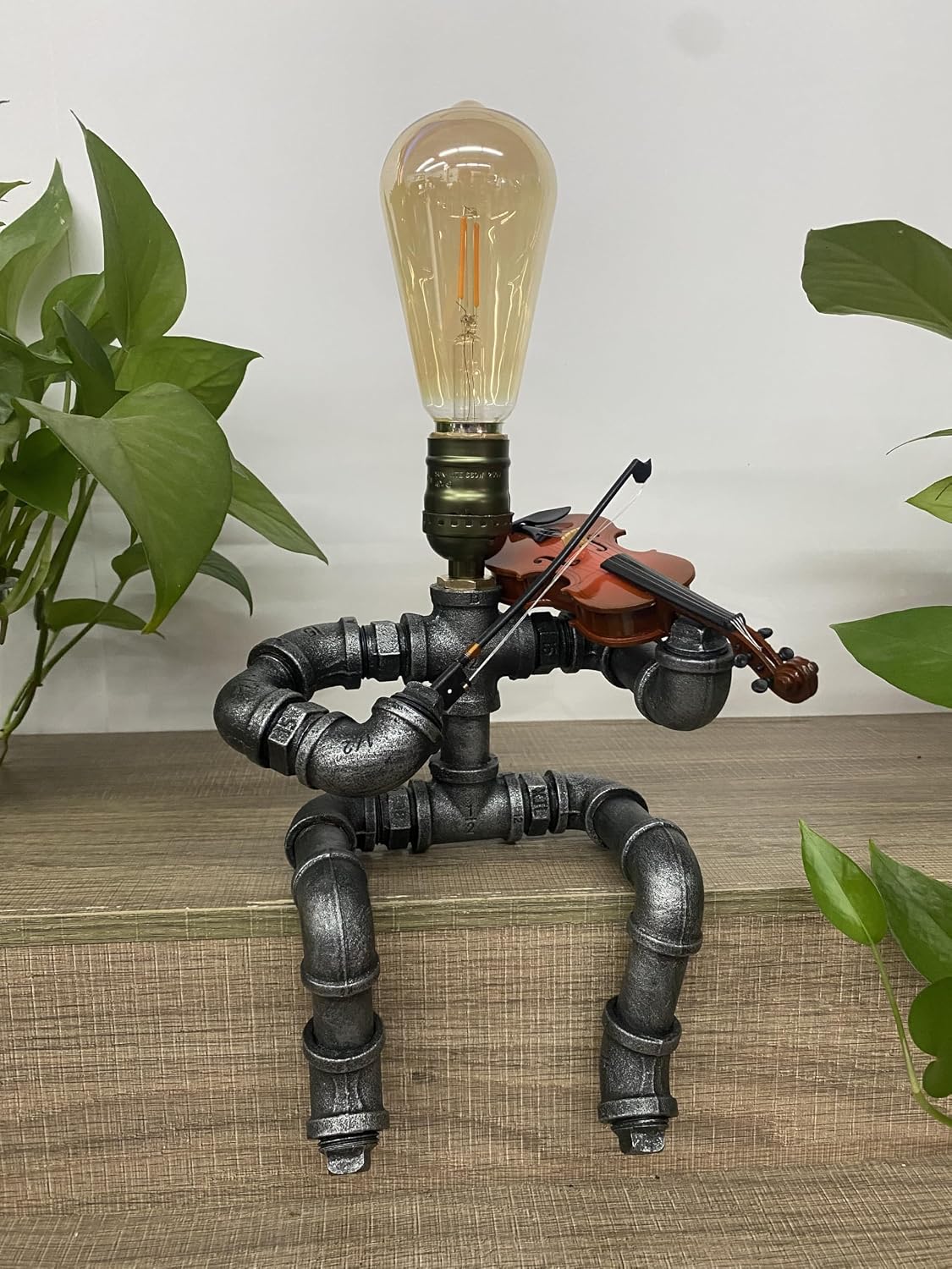 Industrial Pipe Violinist Table Lamp, Black Metal