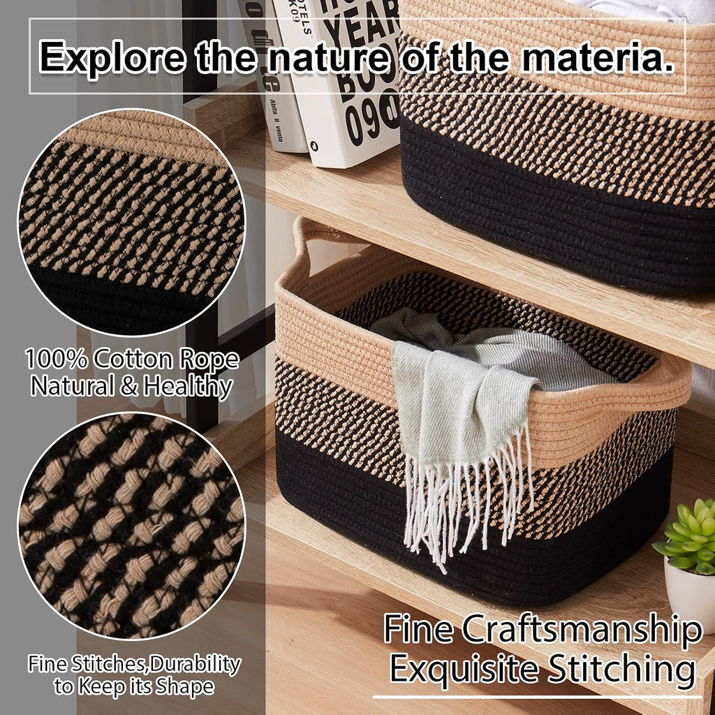 OIAHOMY Cotton Rope Storage Baskets for Organizing Black & Brown 3-Pack