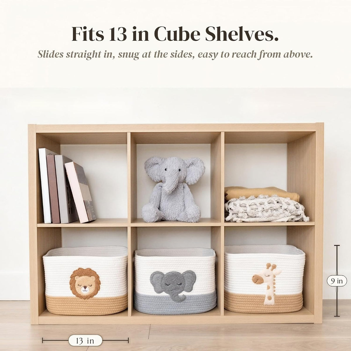 Safari Nursery Storage Baskets Set of 3, Cotton Rope Shelf Bins, 13x10x9 in