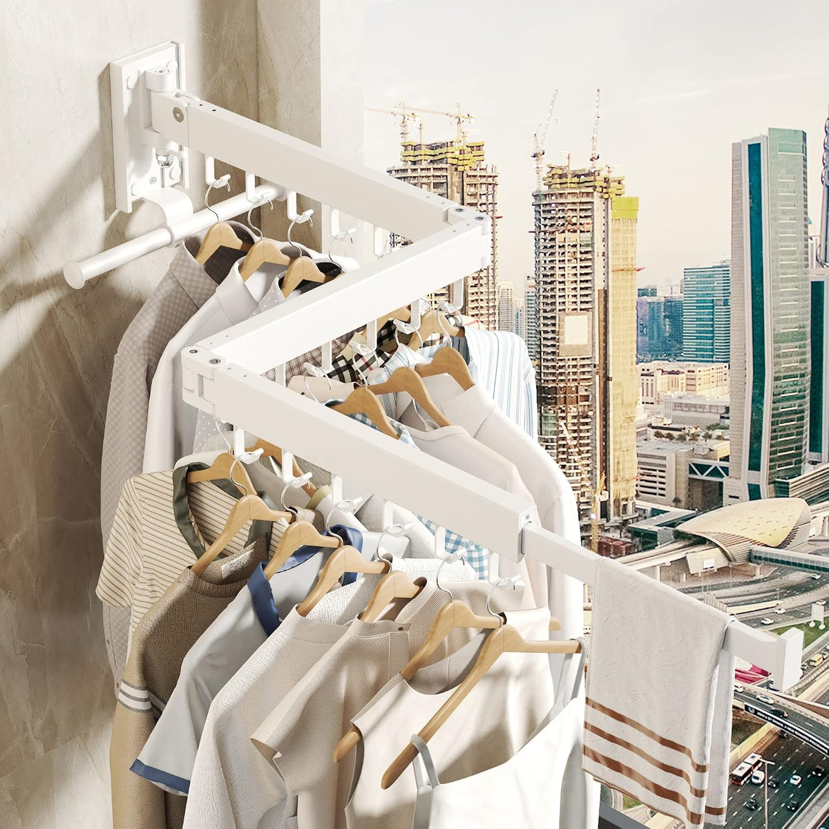 BOQORAD Wall Mounted Clothes Hanger Rack, Clothes Drying Rack,Laundry Drying Rack,Collapsible Clothes Rack Wall Mount, Retractable Drying Rack Clothing,can Fold Upward & Left & Right,White Color