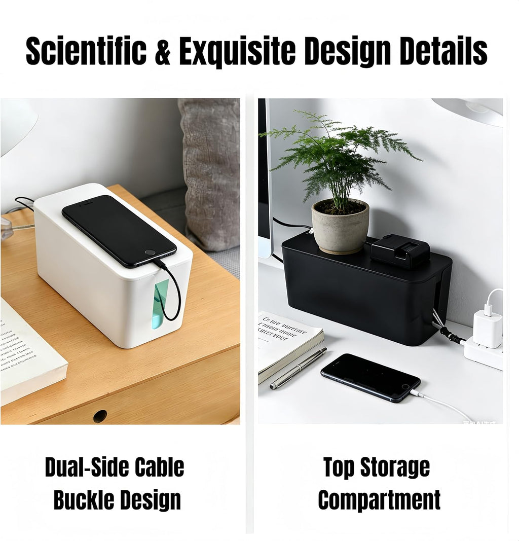 1 Large + 1 Small Cable Management Box Set – 2-Piece Cord Organizer Box, Home Office Desk Wire Storage & Cable Management Solution (Acryliclid lid/White)