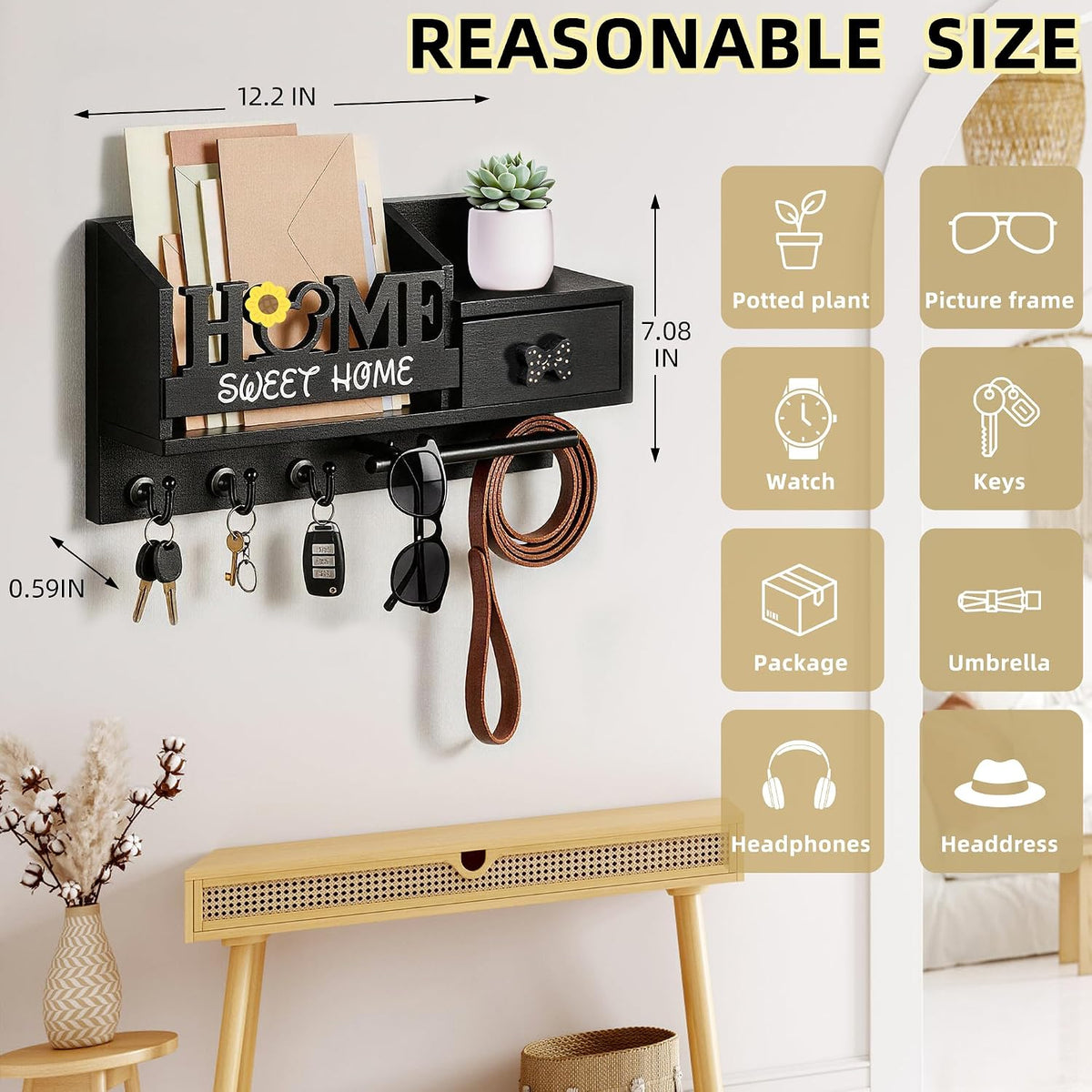 Key Holder Wall Mount with 3 Hooks and Storage Drawer, Home Mail Organizer