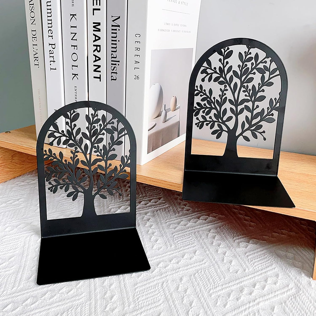 2 Pairs Tree of Life Metal Bookends, Black Book Stoppers for Shelves