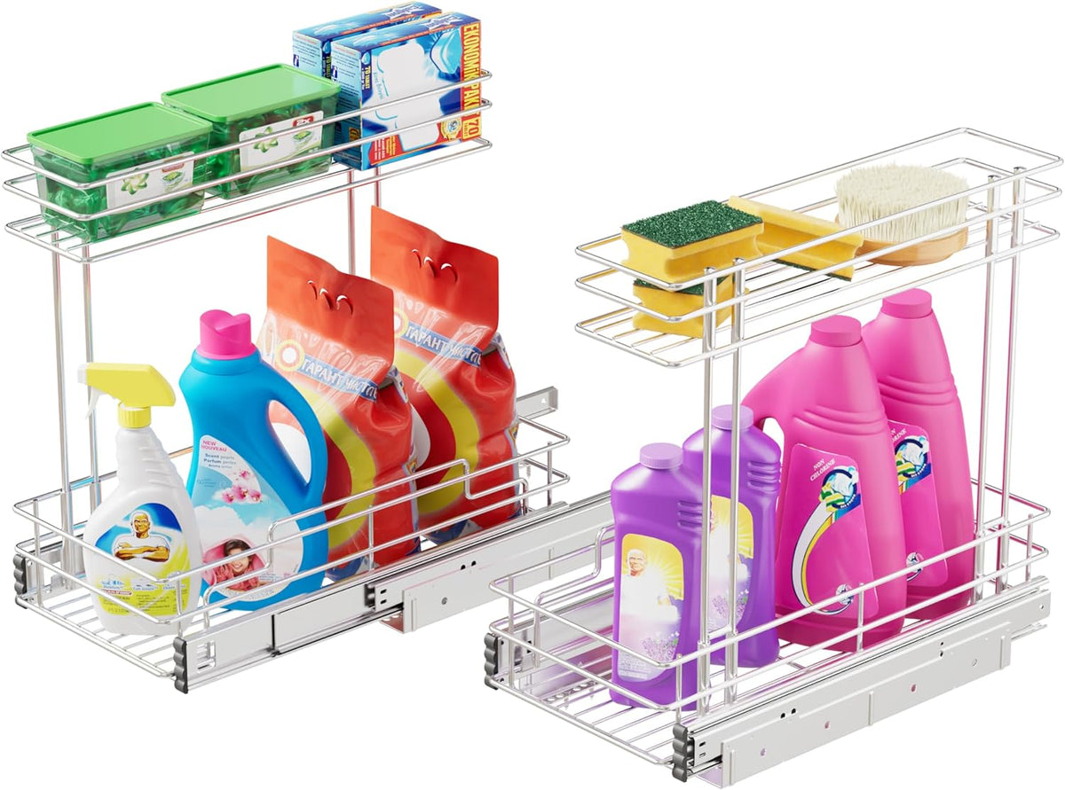 2 Pack Under Sink Organizer 9"W X17"D, Pull Out Cabinet Organizer 2 Tier,