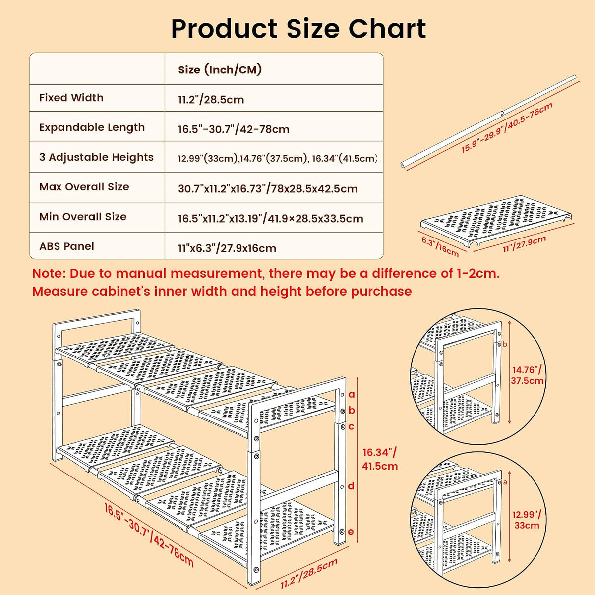 Under Sink Organizer and Storage 16.5"-30.7" Expandable Length, Adjustable Height Max 16.7" Under Sink Shelf 2 Tier with Removable ABS Panels Metal Frame for Bathroom Kitchen Pantry Cabitnet Pot Pan