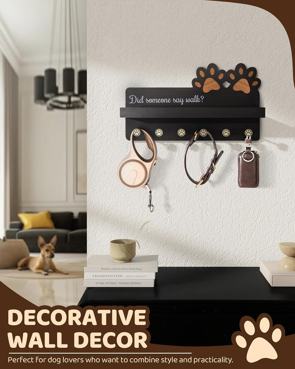 MTERSN Decorative Dog Leash Holder for Wall with Shelf & 6 Hooks, Black