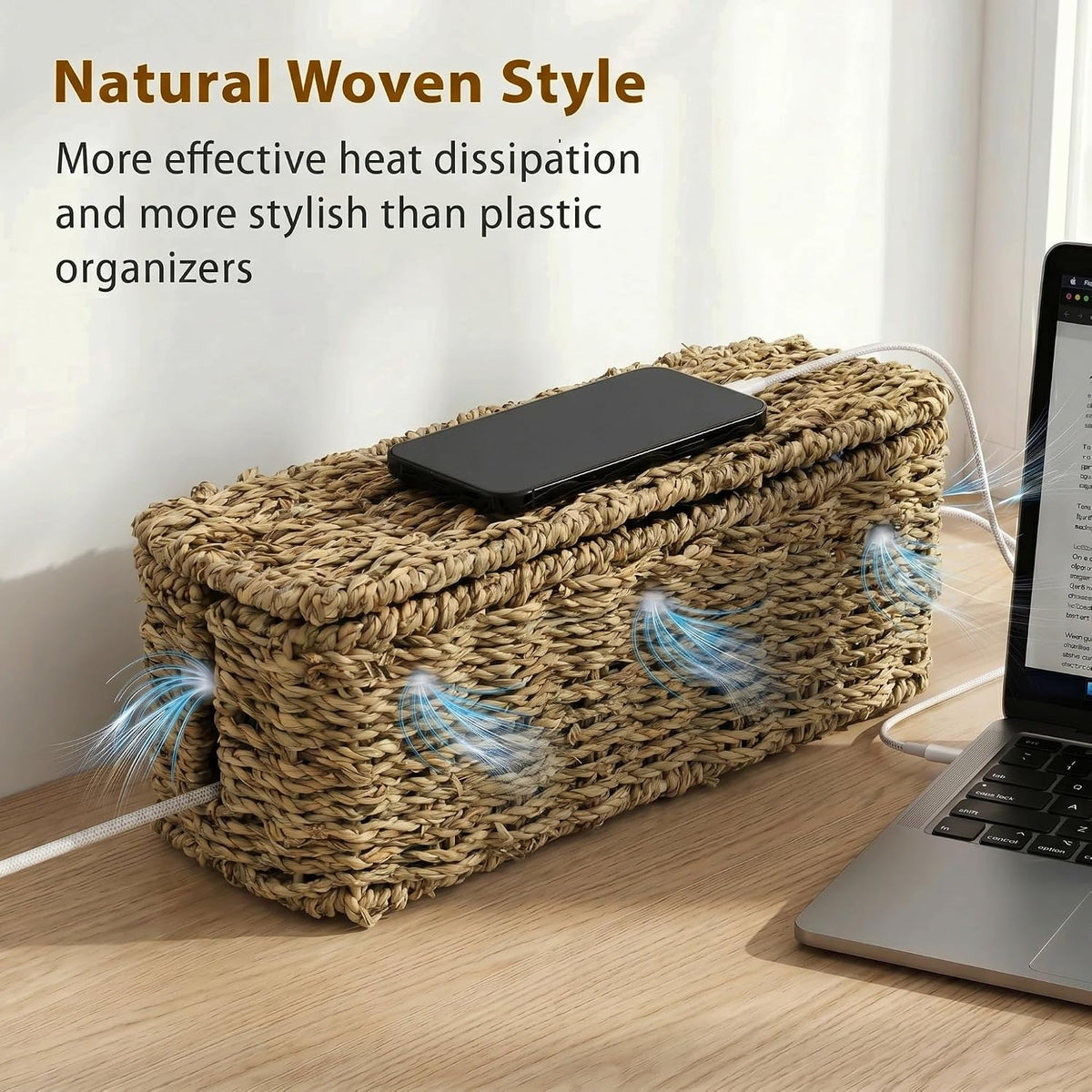 2 Pack Handwoven Cable Management Box with Lid, Decorative Cord Organizer for Power Strips, Chargers, TV Wires, Desk, Home & Office Storage, Natural Sea Grass