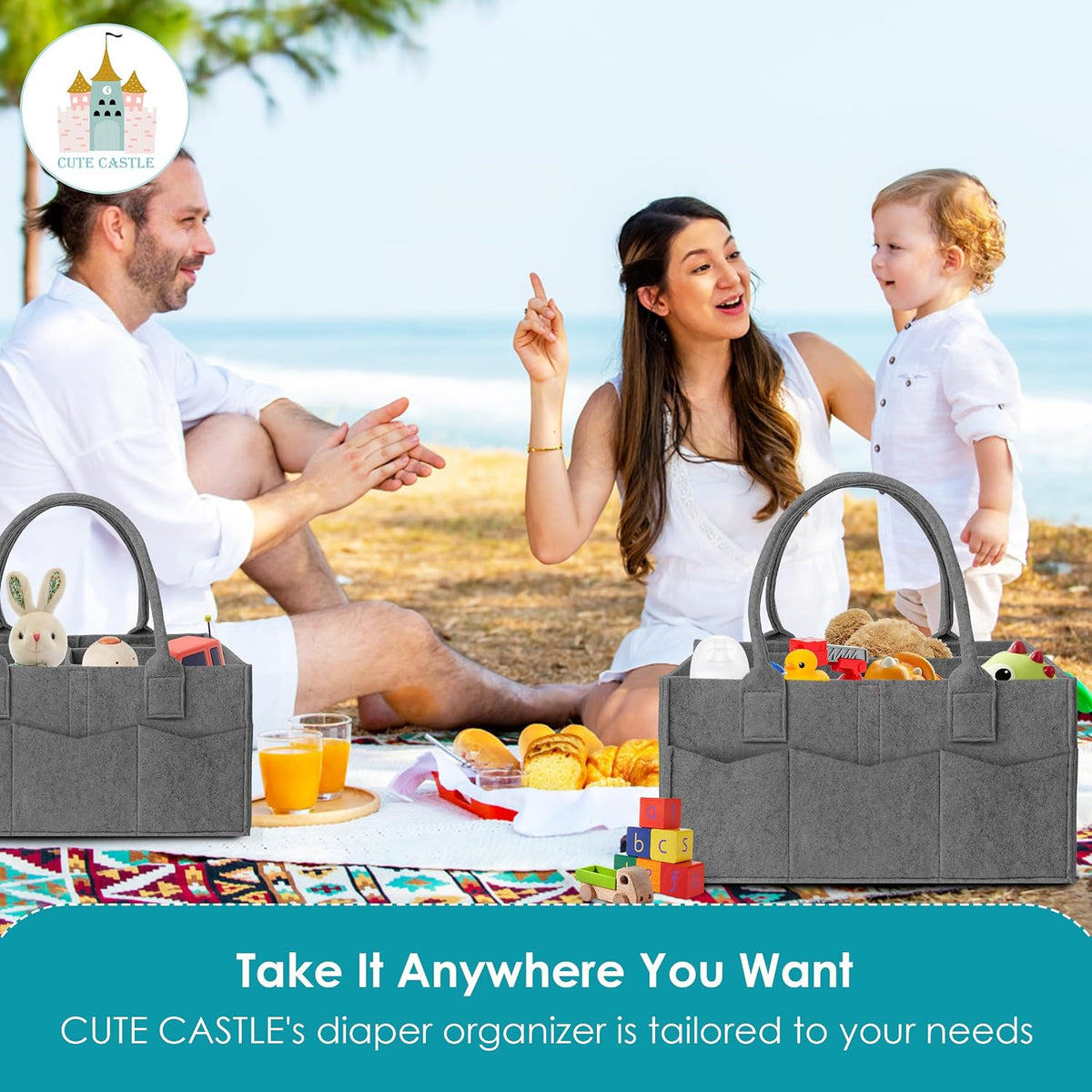 Cute Castle 2 Pack Diaper Caddy Organizer - Portable Baby Caddy Organizer with Handle, Nursery Storage Bin and Car Organizer for Girls, Boys - Baby Gift Basket - Dark Grey