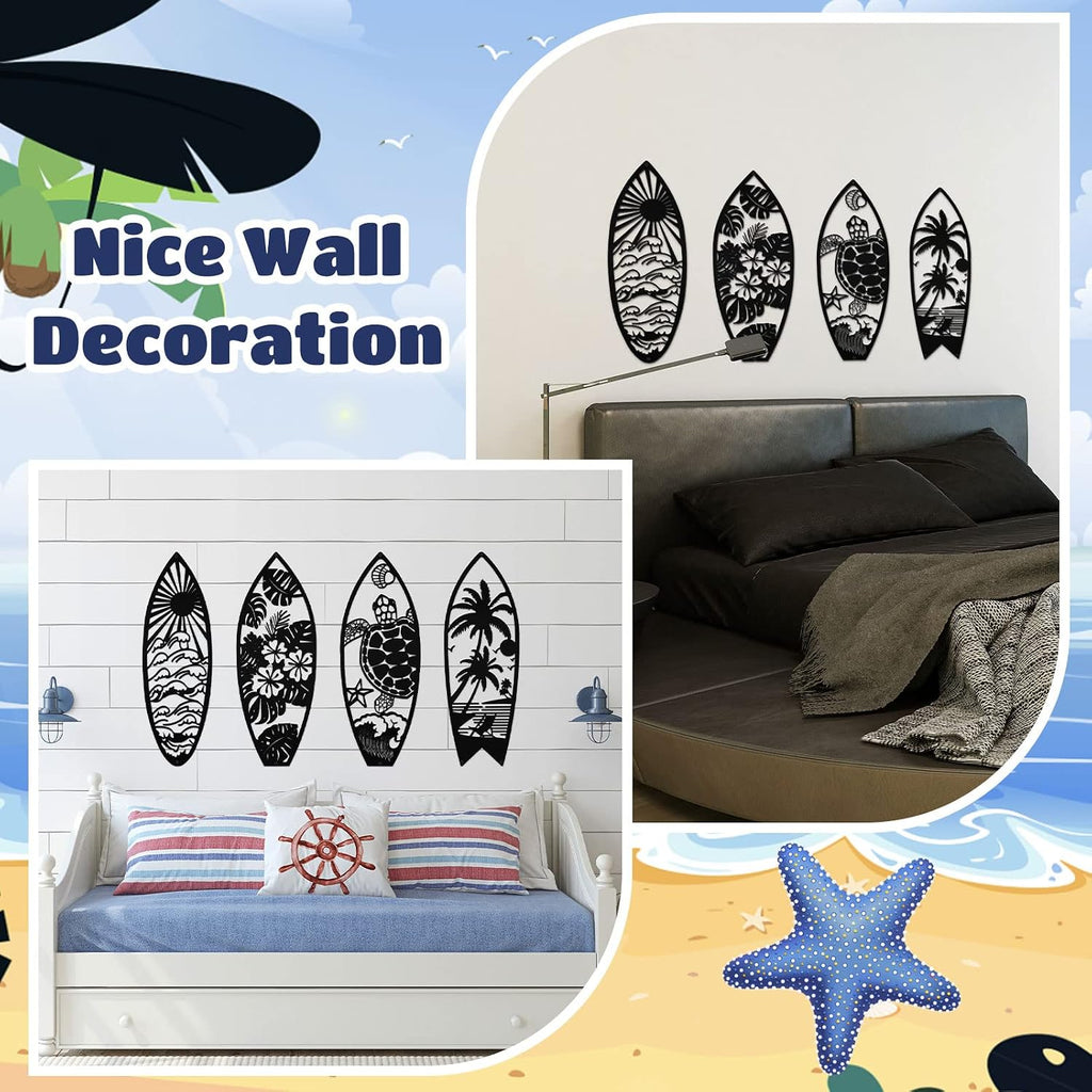 Therwen 4 Pcs Metal Surfboard Wall Decor, Tropical Beach Palm Turtle, Black