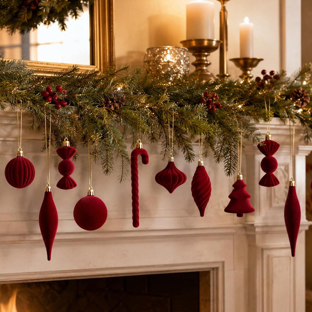 30PCS Red Velvet Christmas Ornaments Set,Burgundy Velvet Ornaments for Tree
