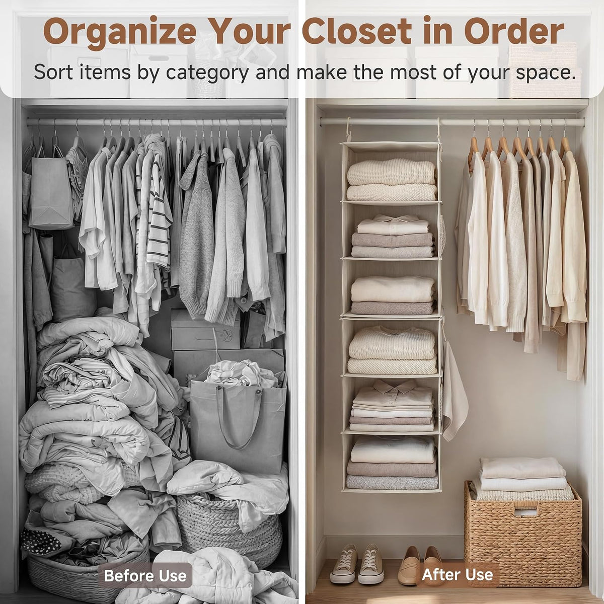 StorageWorks Hanging Closet Organizer, 6-Shelf with 2-in-1 Design