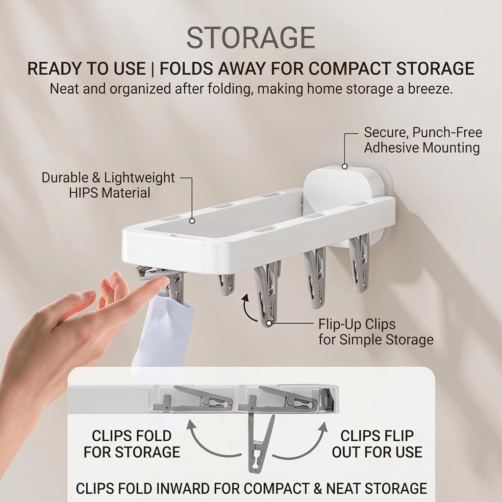 Sock Drying Rack Wall Mounted with 7 Hidden Clips, Adhesive Foldable Space-Saving Hanger Mini Rack for Underwear, Bras, Baby Clothes, Bathroom Laundry Dorm Balcony Towel Bar - White 1Pack