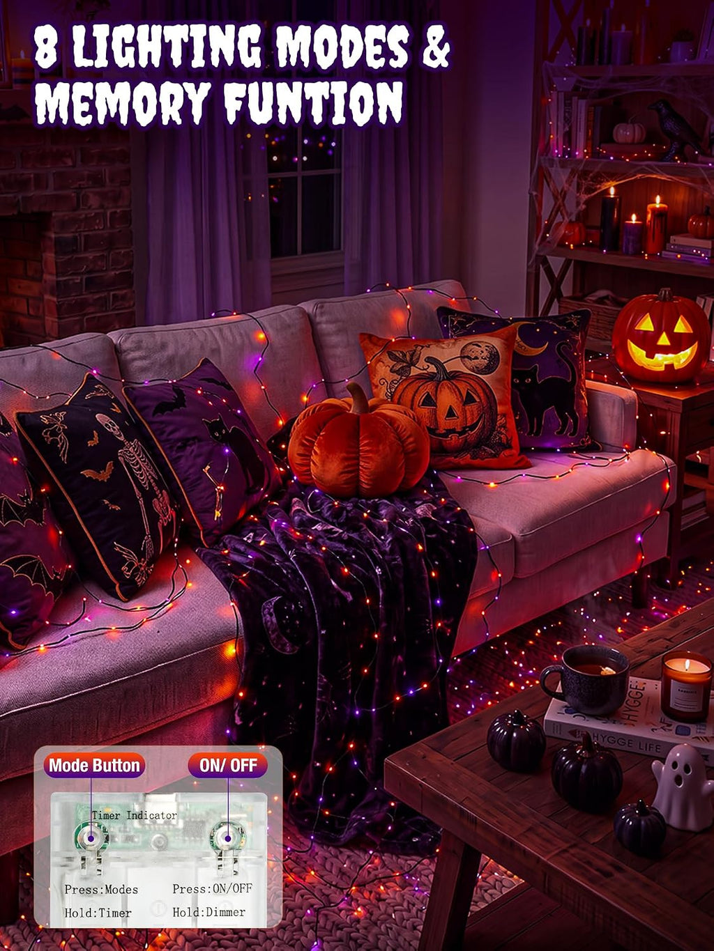 btfarm 2 Pack Halloween Fairy Lights Battery Operated Timer, Orange Purple