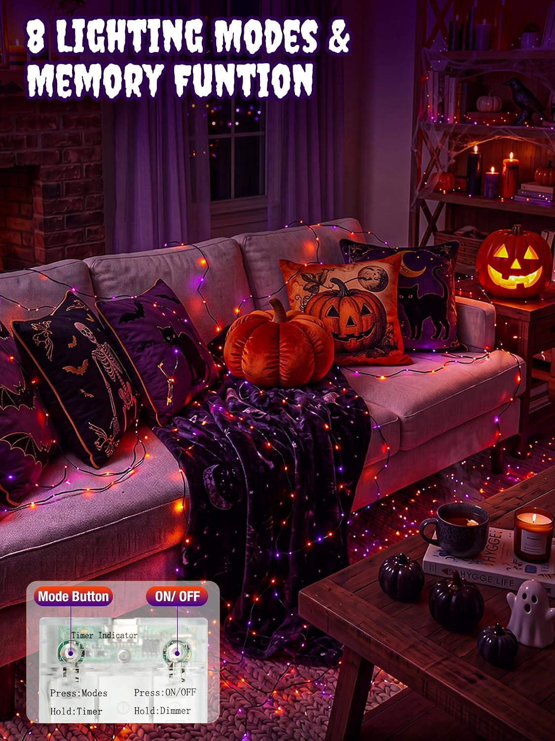 btfarm 4 Pack Halloween Fairy Lights Battery Operated Timer, Orange Purple