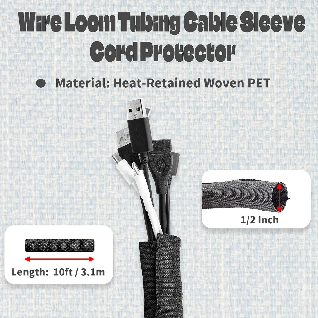 10ft 1/2 Inch Cable Sleeve, Split Wire Loom, Polyethylene