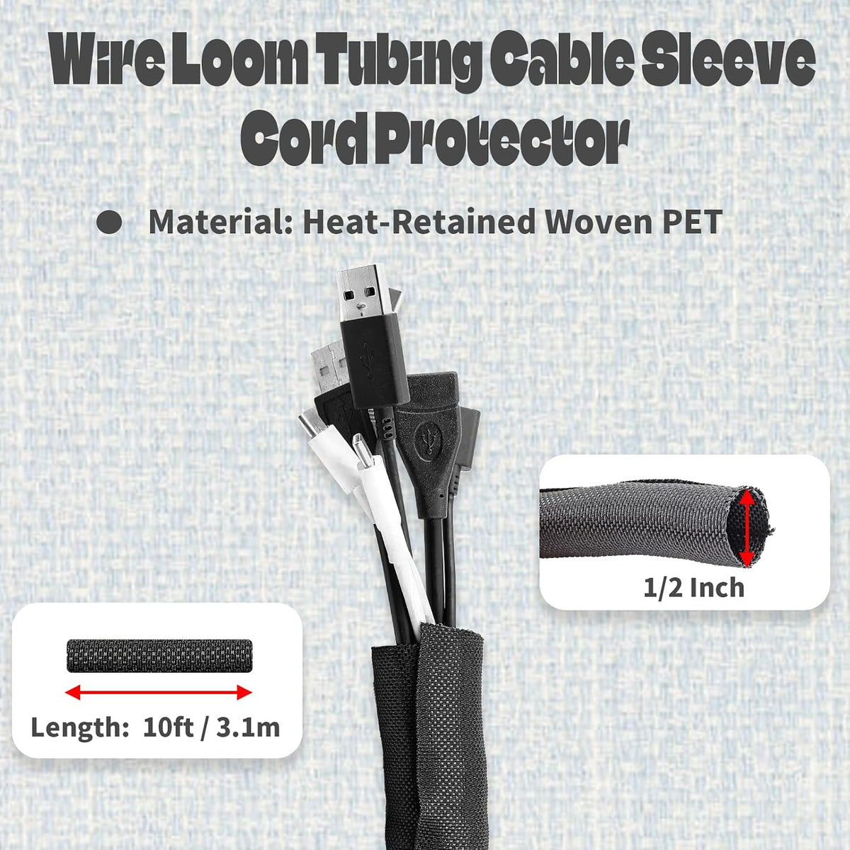10ft 1/2 Inch Cable Sleeve, Split Wire Loom, Polyethylene