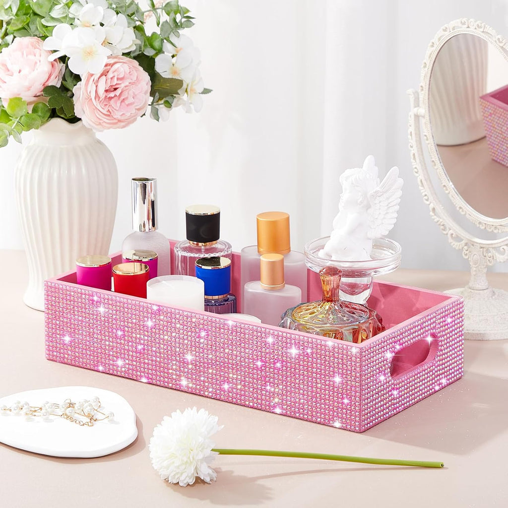 Honeydak Bathroom Basket, Rhinestone Toilet Tank Tray Pink