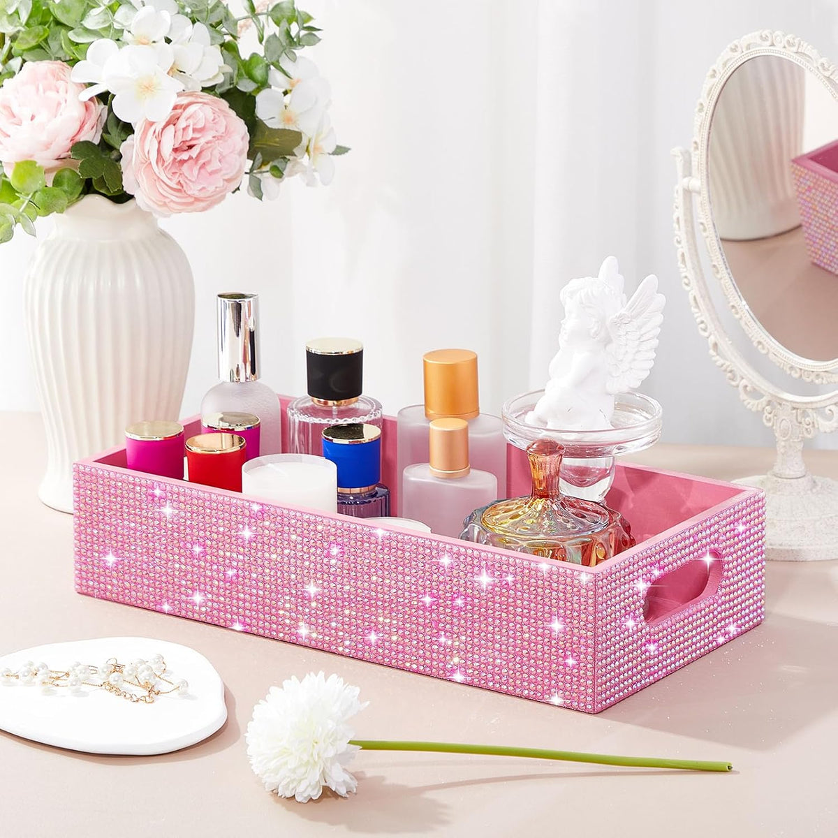 Honeydak Bathroom Basket, Rhinestone Toilet Tank Tray Pink