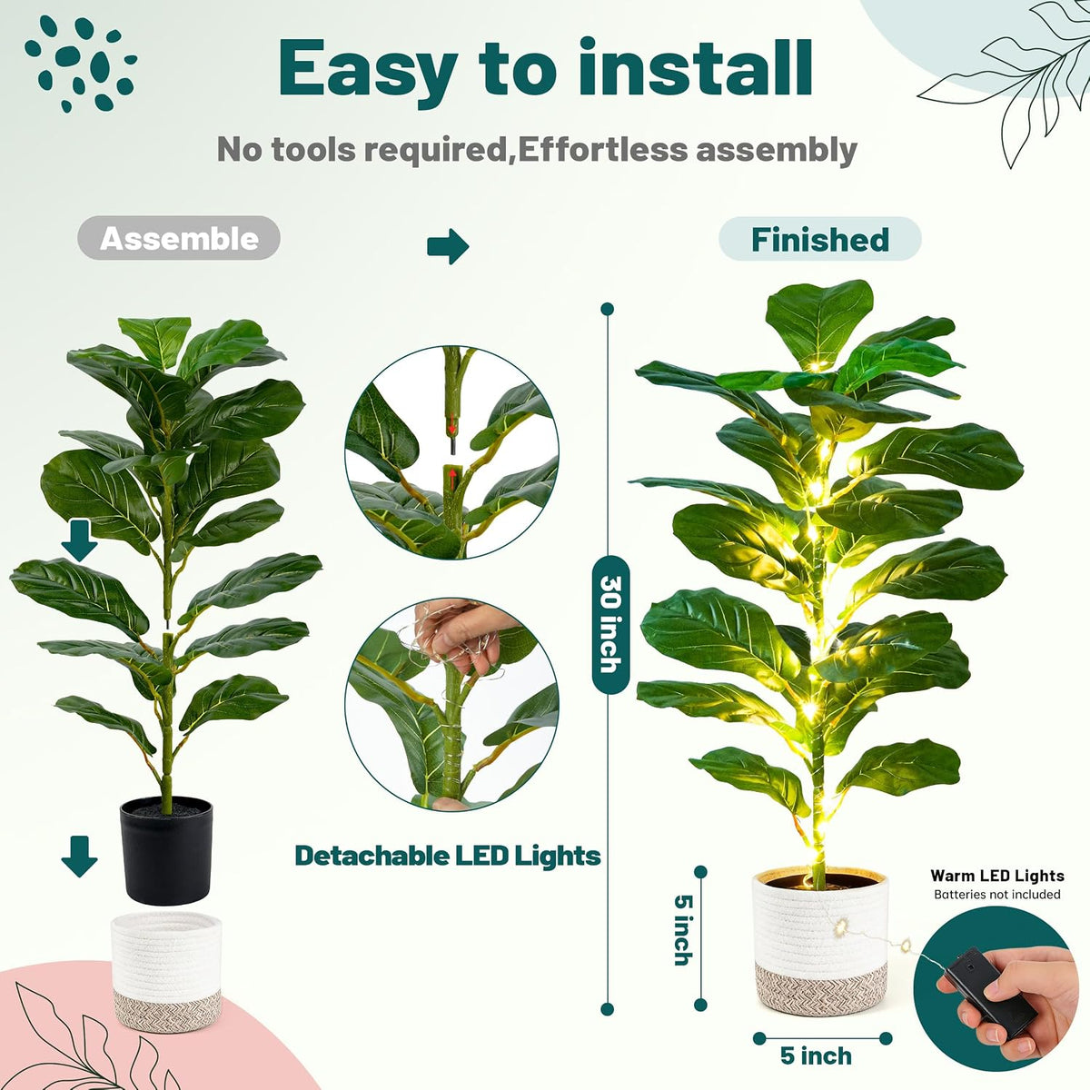 Der Rose 2 Pack 30" Artificial Plants with Lights, Fiddle Leaf Fig Trees