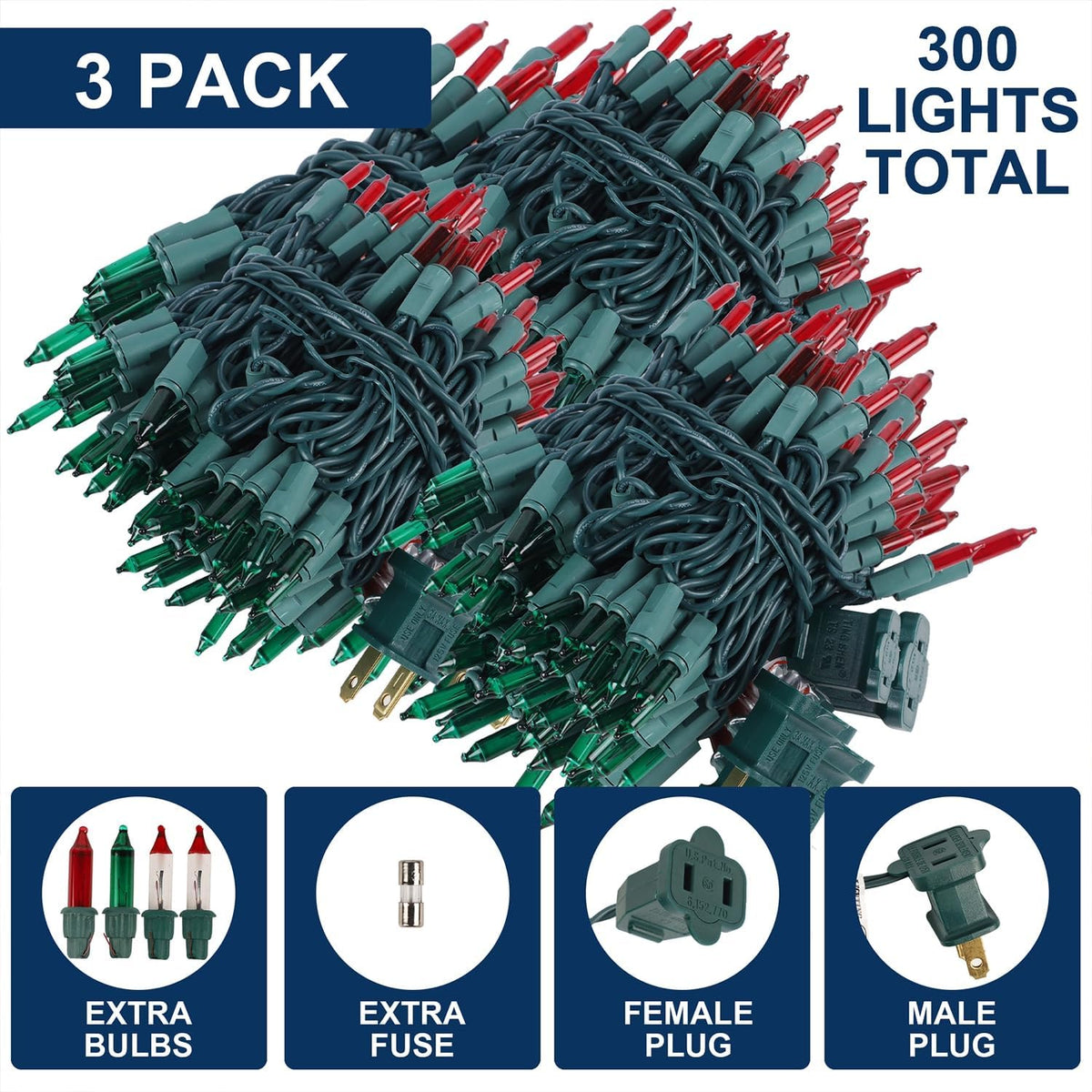 3Pack Red&Green Christmas String Lights, 100 Count Incandescent Mini Lights
