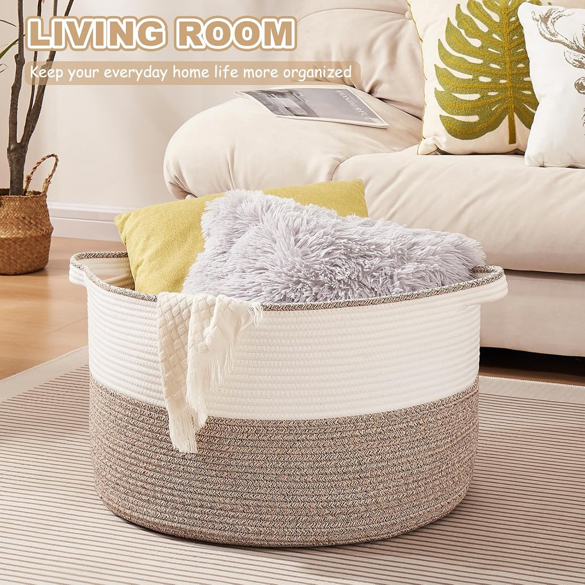OIASKET Large Blanket Basket with Handles, 22.8" x 22.8" x 13" Woven Storage Basket for Living Room, Cotton Rope Baby Toy Storage for Clothes, Pillows, Towels-Brown & White