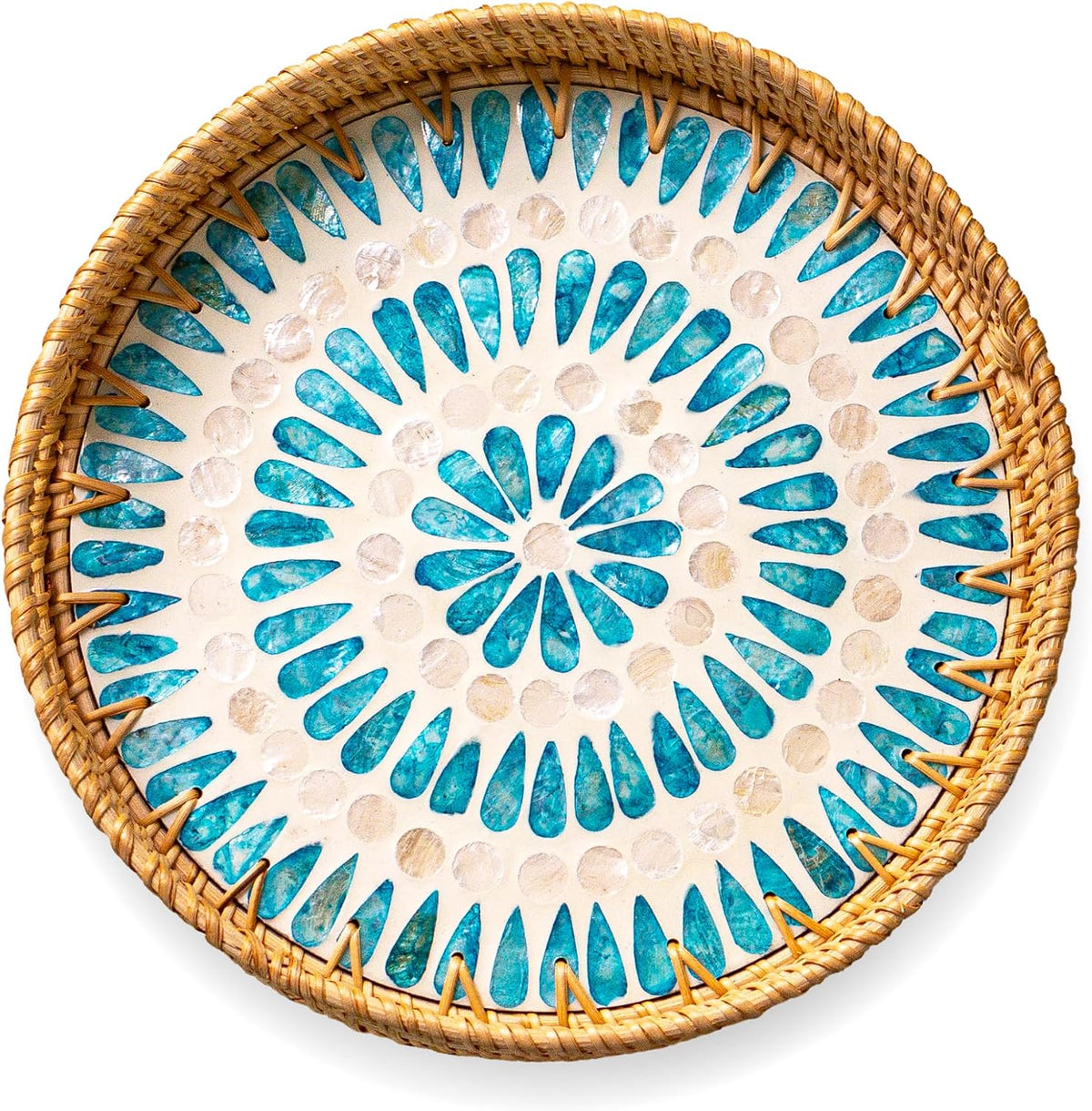 JUNGLE CULTURE Round Rattan Tray with Mother of Pearl Inlay • Ripple 12”