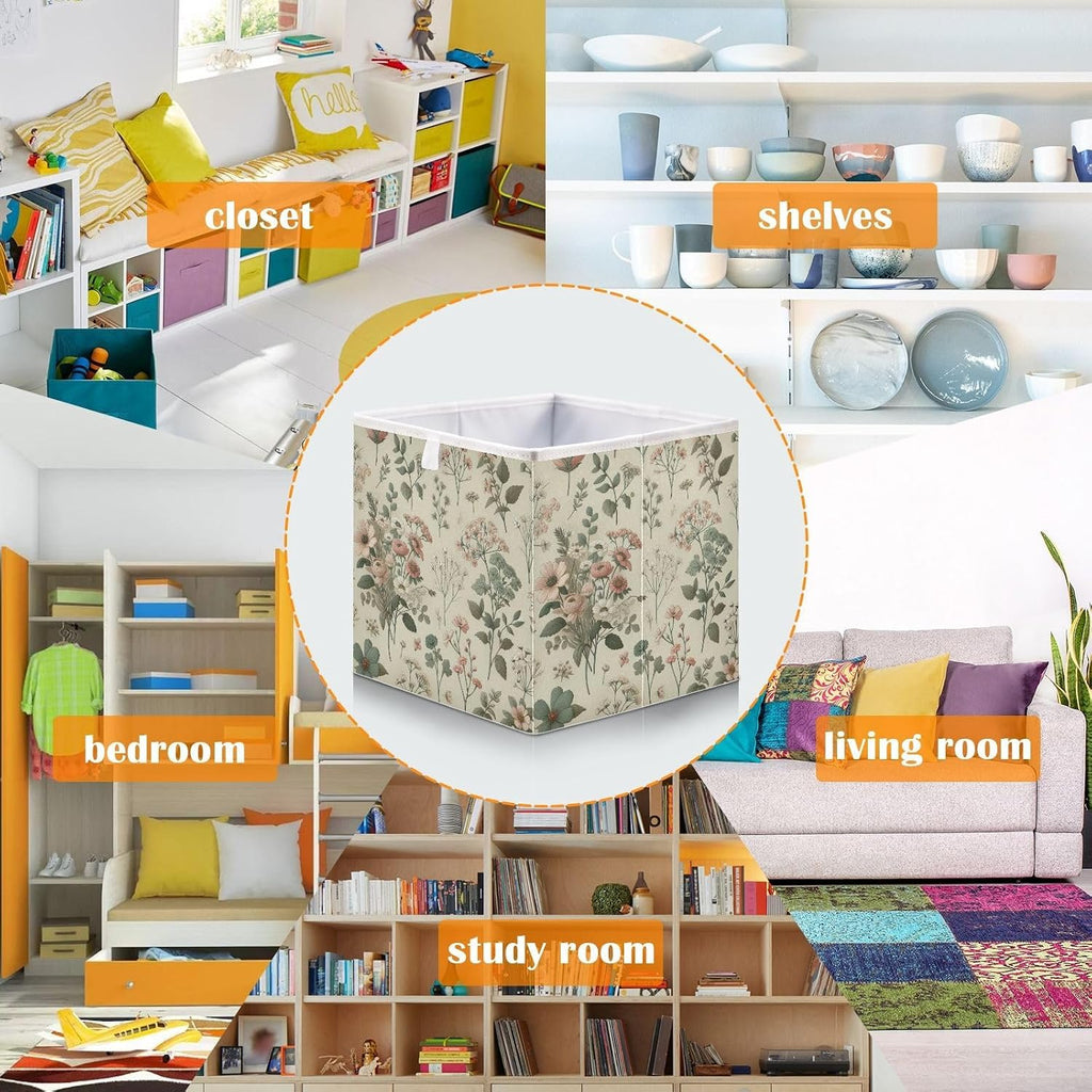 Vintage Small Floral Storage Cubes 11x11 Inch Foldable Fabric Bins with Handle for Storage and Organization, Ideal Storage Bins for Closet Shelves