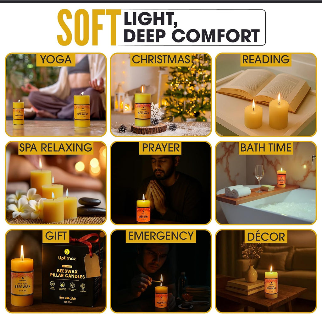 Beeswax Pillar Candles Set of 4, 2x4 Inch, 100% Beeswax Candle with Cotton Wick, Long Burning, Dripless Candle Bees Wax for Home, Décor, Prayer, Emergency