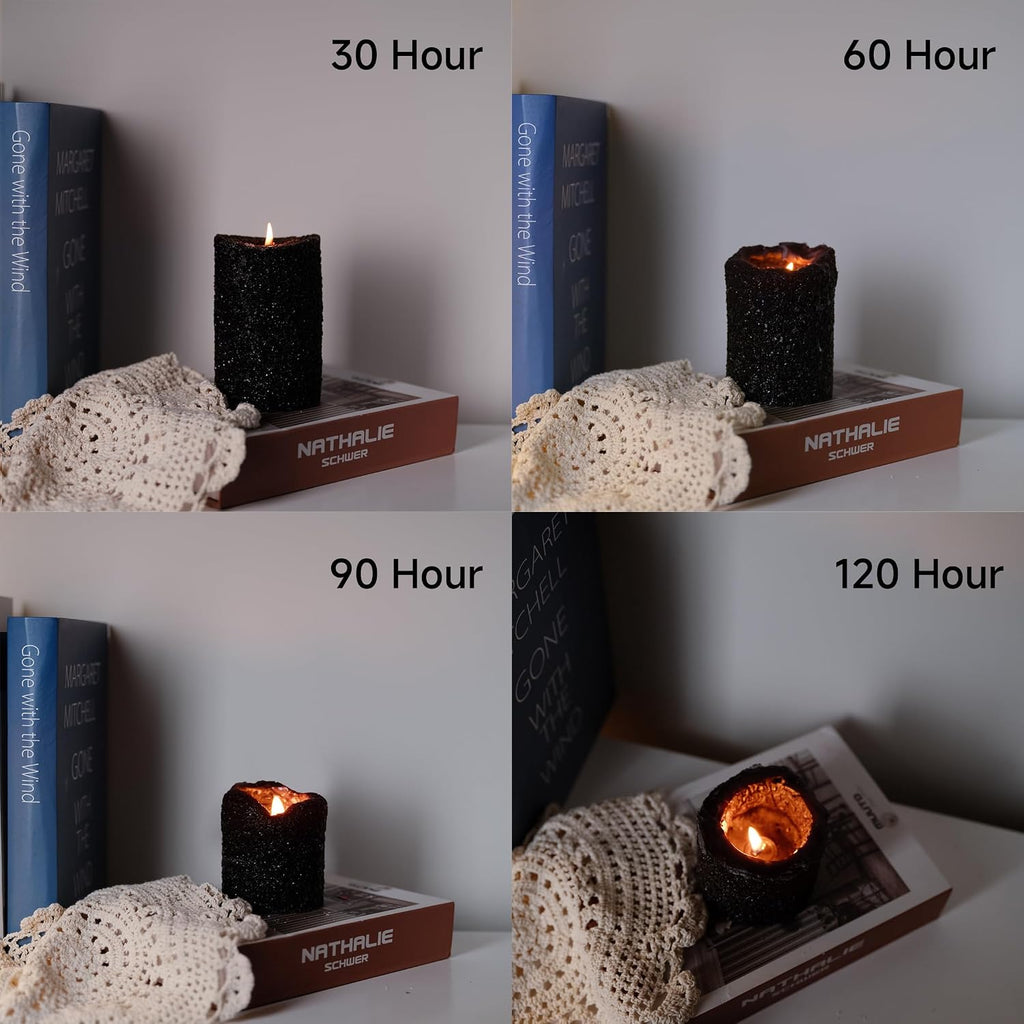 MOZEAL Hand-Poured Granular Texture Decorative Black Pillar Candles Set of 3 (3"x4", 5", 6"),Approx 300 Hours Burn Time Dripless, Unscented, Smokeless, for Halloween