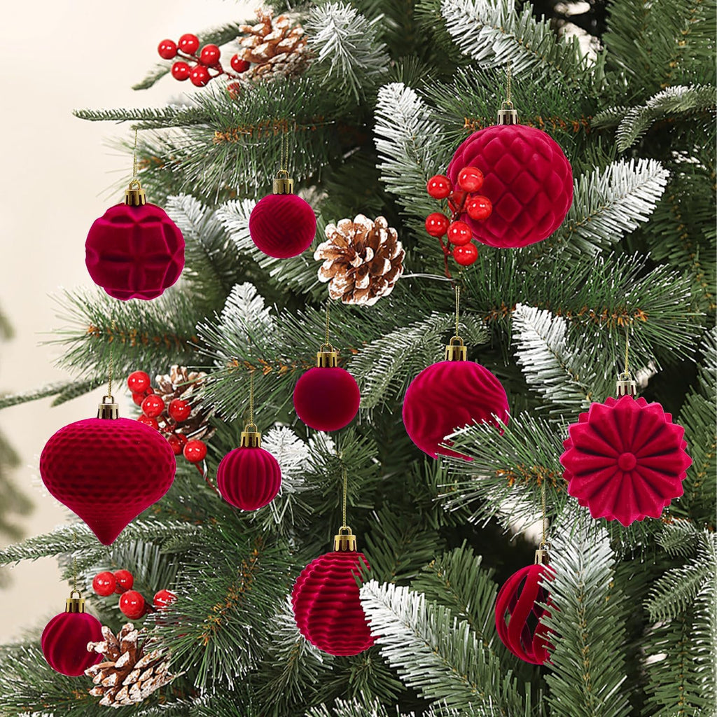 48PCS Velvet Christmas Ball Ornaments, Flocked Balls Xmas Tree Decorations, Shatterproof Christmas Hanging Ornaments Set, Assorted Styles in 1.57/2.36/3.15Inch, Velvet Burgundy