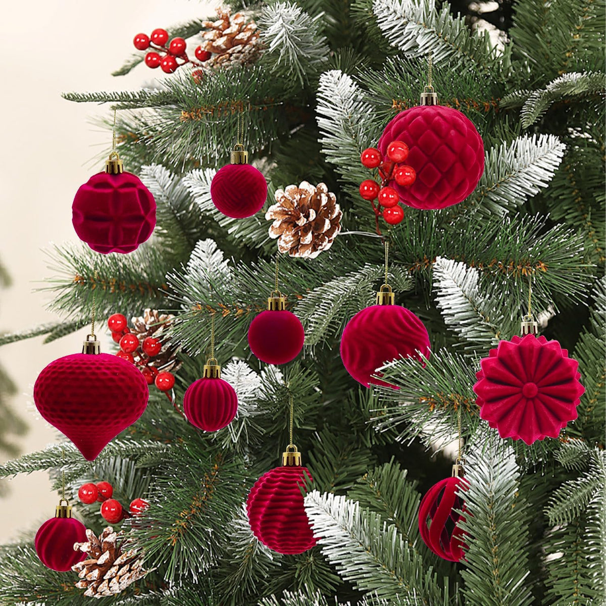 48PCS Velvet Christmas Ball Ornaments, Flocked Balls Xmas Tree Decorations, Shatterproof Christmas Hanging Ornaments Set, Assorted Styles in 1.57/2.36/3.15Inch, Velvet Burgundy