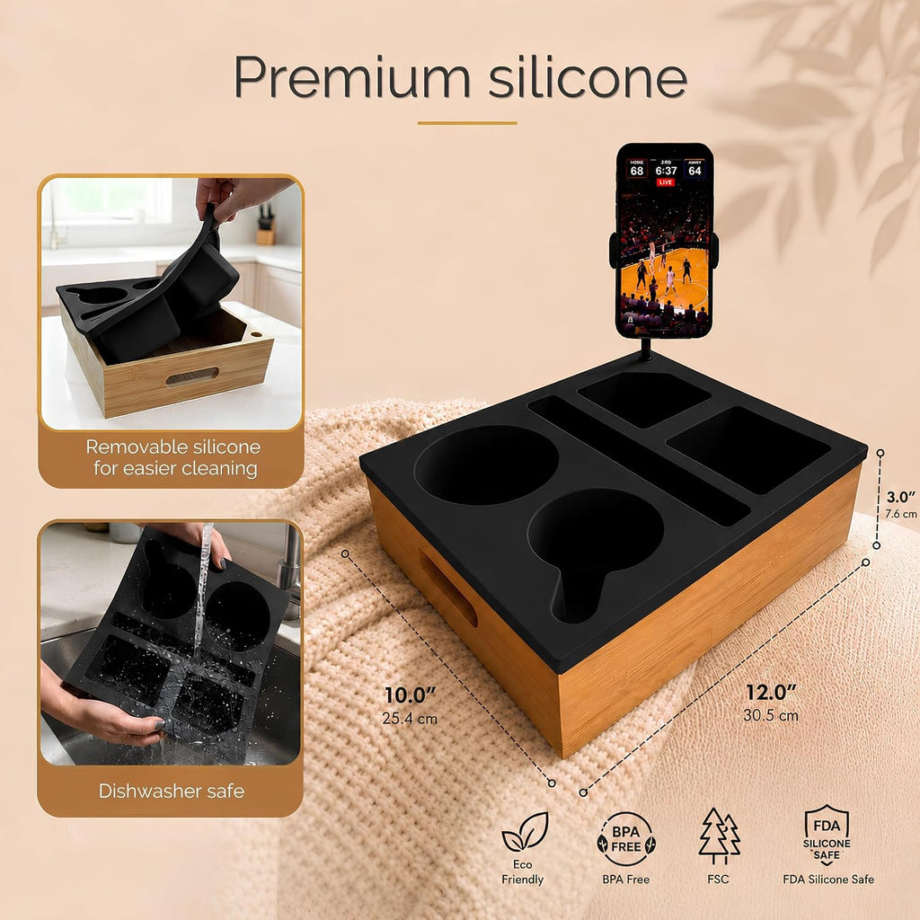 Couch Caddy with Cup Holder | Wood Couch Cup Holder Tray for Drinks, Snacks & Remotes | Sofa Couch Organizer with Phone & Cup Holder Tray (Black)