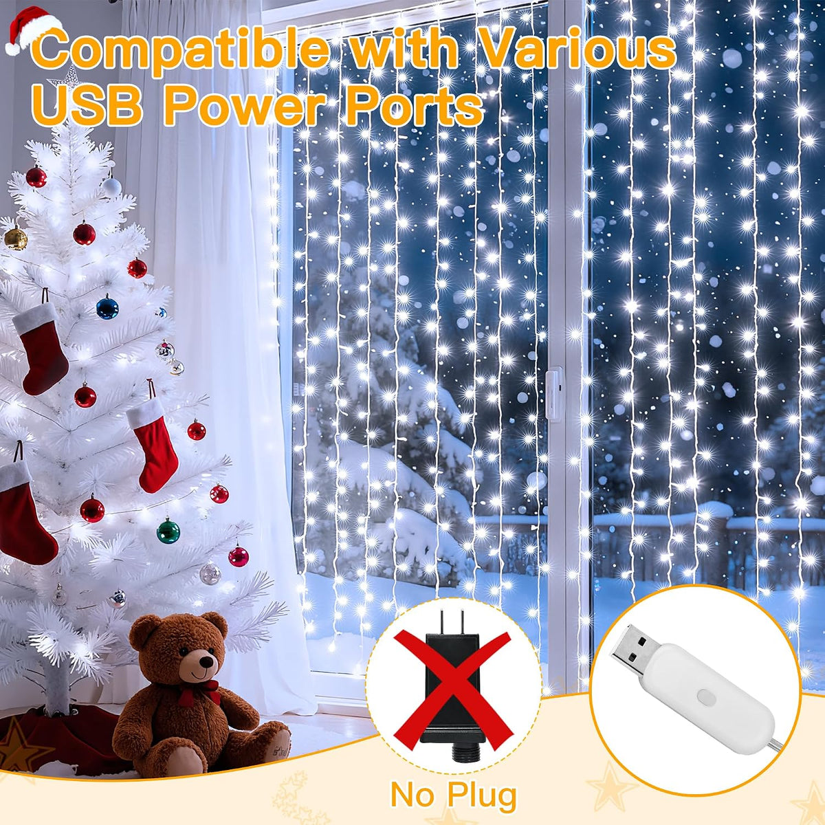 Ollny Curtain Lights 6.6x6.6ft, 200 LED White Christmas Lights with Remote