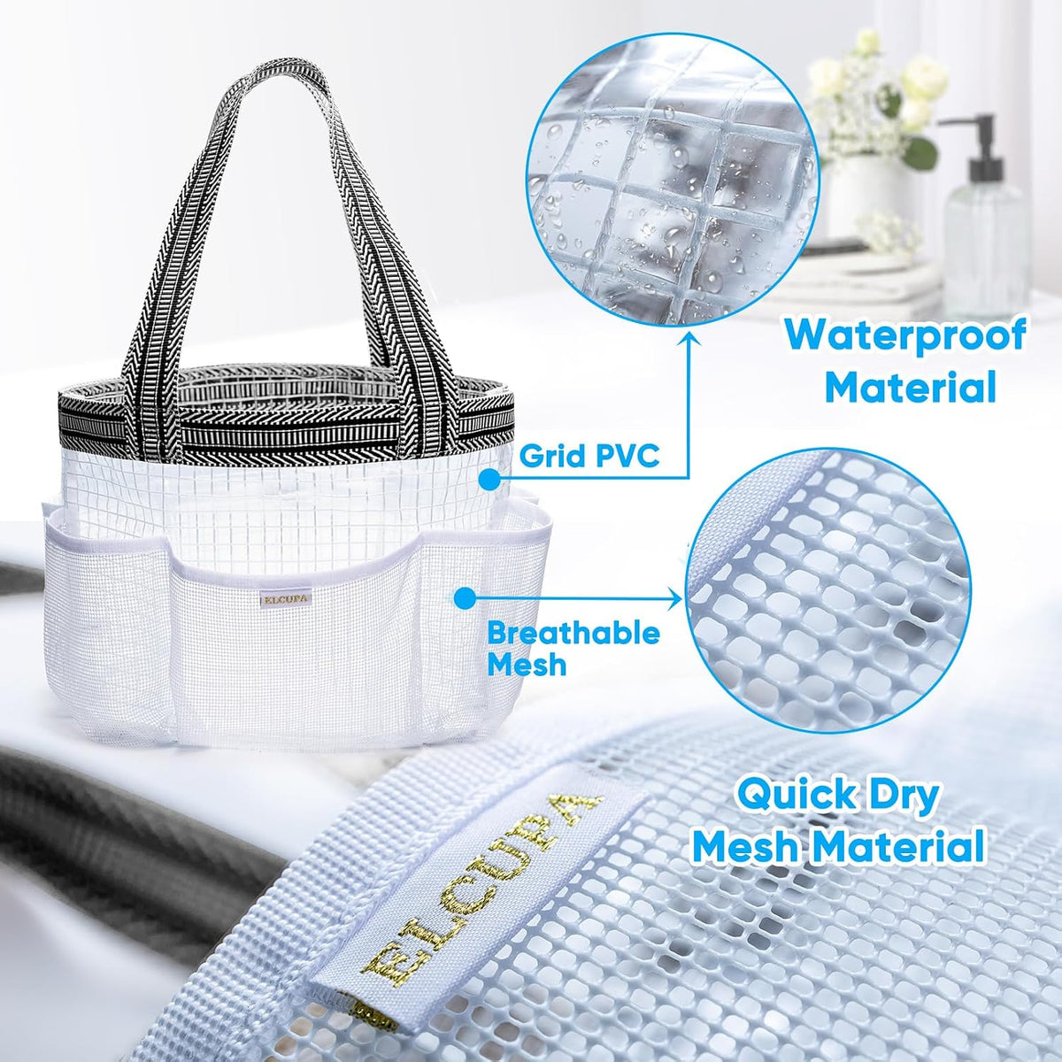 Mesh Shower Caddy Portable for College Dorm Room Essentials with Waterproof Phone Pouch, Shower Bag with Reinforced Bottom for Beach,Camping, Swimming,Gym, Quick Dry Toiletry Bag with 6 Pockets
