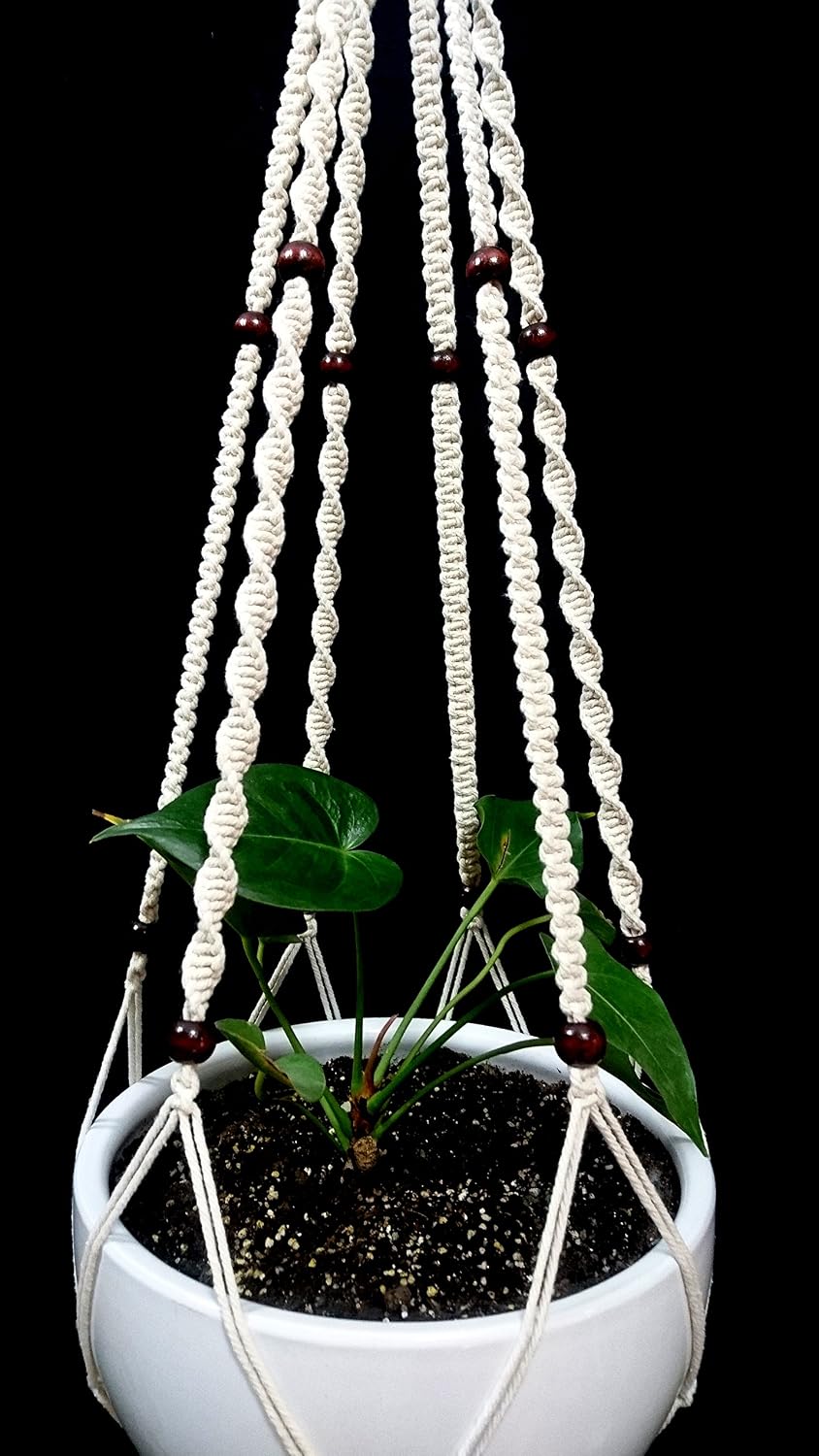 Plant Hanger Macrame Cotton 6 Legs 51 Inches in Tan and Green Color for Indoor Outdoor, Living Room, Kitchen, Deck, Patio, High and Low Ceiling with Size of 10-12 inches Without THE Pot (Cream)