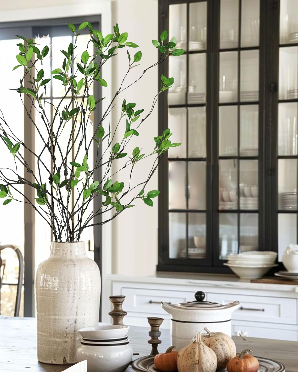 5pcs Artificial Ficus Branches Eucalyptus Stems Plants,Green