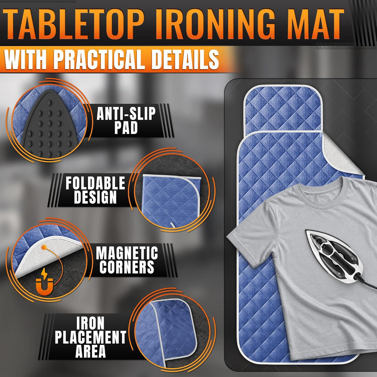 3-in-1 Ironing Mat for Table Top, 39.2" x 17.9", Magnetic Edges