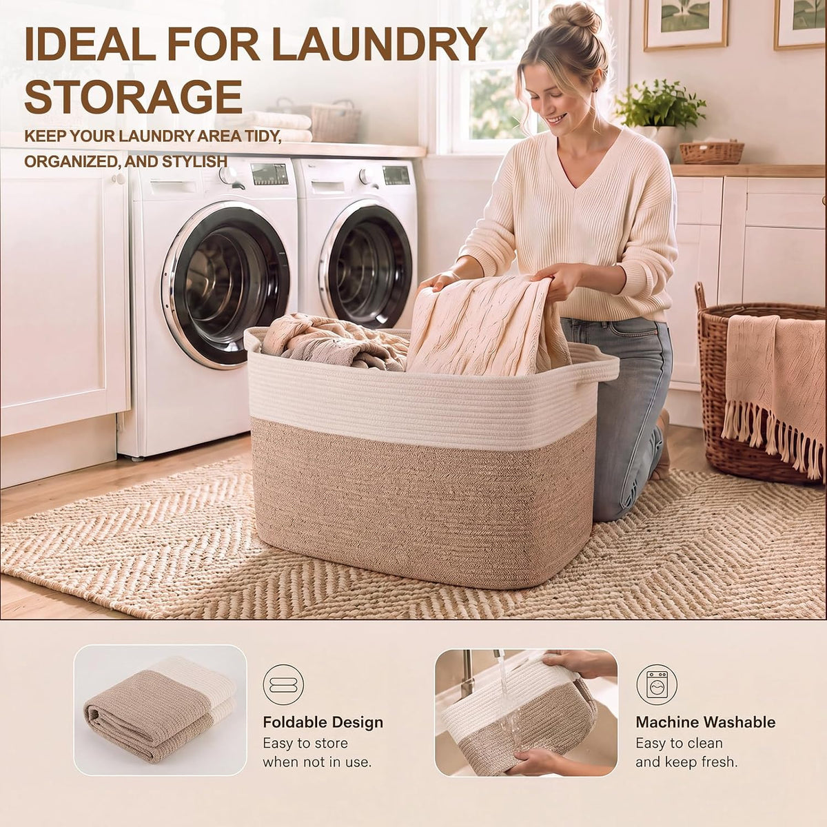 Extra Large Laundry Basket, 95L Blanket Basket for Living Room, Cotton Rope Toy Storage for Kids, Woven Baskets for Clothes, Towels, Pillows, 24" x 17" x 14", Brown and White