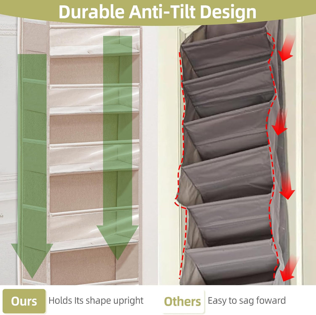 Over Door Organizer with 6 Extra Large Pockets 12 Side Pockets, Sturdy Closet Storage Rack, Hanging Storage Organizer with Clear Window for Shoes, Diaper, Bedroom, Bathroom, Beige, 4-Pack