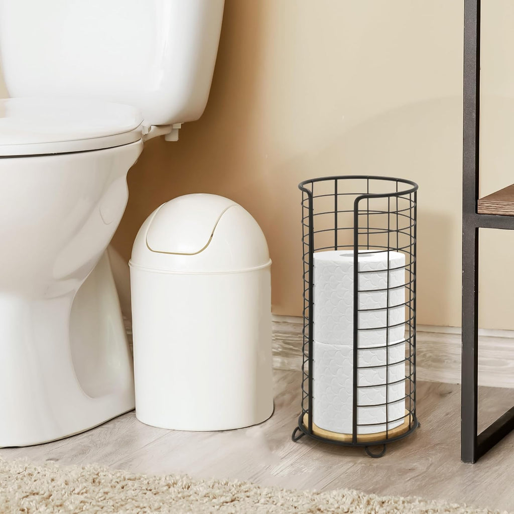 BROOKSTONE, Stylish Toilet Paper Holder with Bamboo Base, Freestanding Bathroom Tissue Organizer, Minimalistic Storage Solution, Modern Trending Design [Holds Large Rolls], Black…