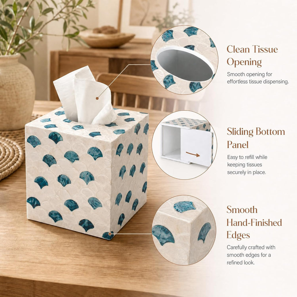 YANGQIHOME Capiz Shells Tissue Box Cover, Handmade Decorative Tissue Box Holder with Mother of Pearl, Square Facial Tissue Holder for Bathroom, Living Room, Kitchen, 5.5" x 5.5" x 5.9" (Blue Tide)