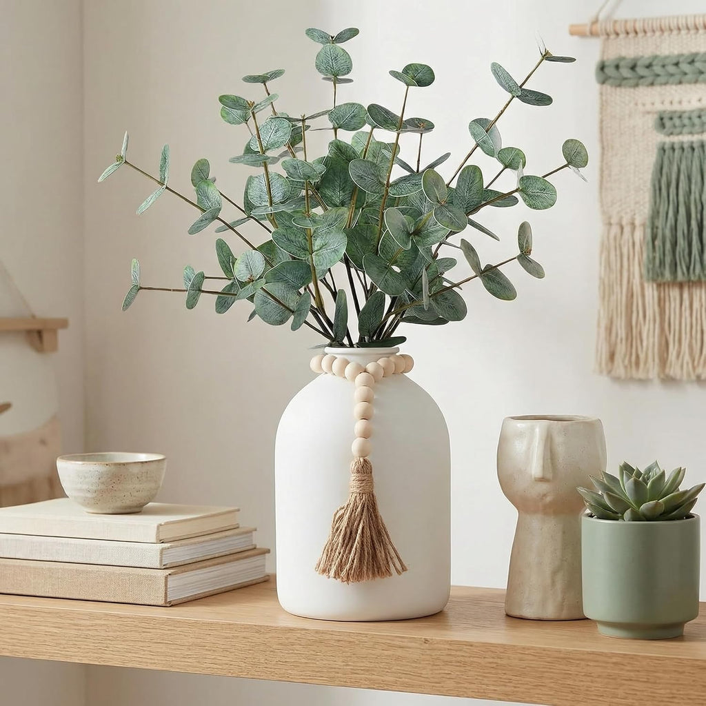 6 Pcs Artificial Eucalyptus Stems in Large White Vase ,18" Artificial Greenery Stems Centerpieces Fake Eucalyptus Stems 9 in Tall Vase Home Decor Coffee Table Kitchen Table Centerpieces Decor (White)
