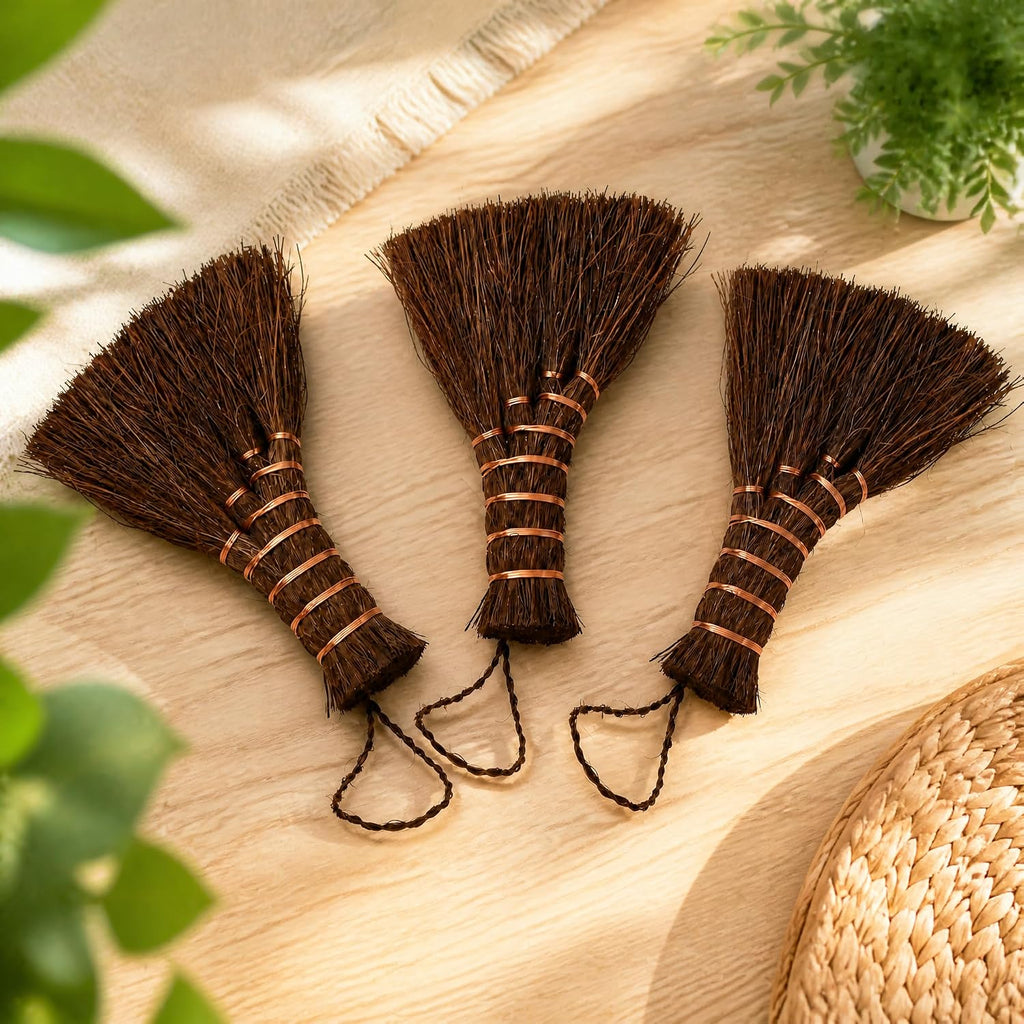 Fasmov 3 Pack Bonsai Broom Brush, Natural Straw Broom with Embroidery Nylon Thread Handle with Hanger, Whisk Broom Hand Brush Car Broom for Cleaning Dustpan Desktop